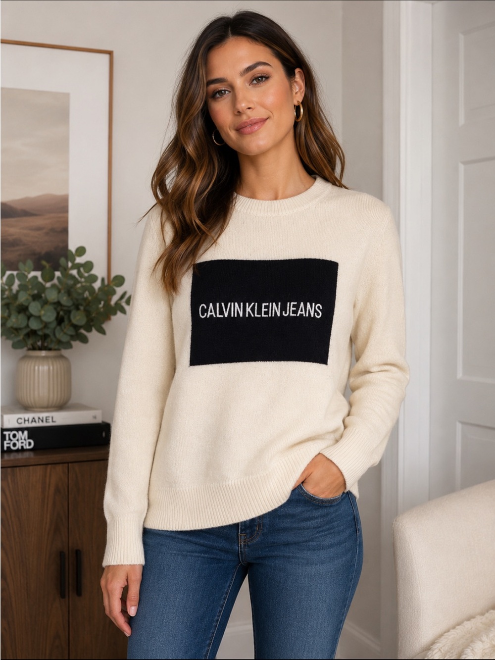 Calvin Klein Jeans Cream Sweater with Black Logo Panel